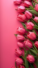 Obraz premium Tulip flowers on soft color background, romantic feminine composition, wedding invitation concept.