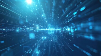 Obraz premium a digital representation of energy technology beams and rays radiate across a futuristic blue background, capturing the essence of innovation and scientific advancement