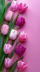 Fototapeta premium Tulip flowers on soft color background, romantic feminine composition, wedding invitation concept.