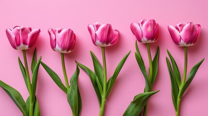 Obraz premium Tulip flowers on soft color background, romantic feminine composition, wedding invitation concept.