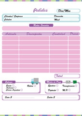 Formulario de pedidos emprendedores. Varios colores. A4