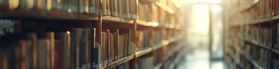 Panoramic, view of library book shelves goldern sun, symbol of learning, knowledge, and growth, copy space, banner