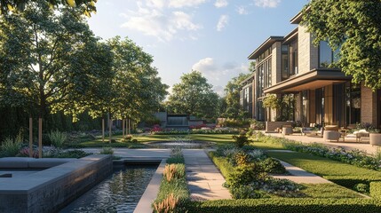 Obraz premium A 3D rendering of an expansive outdoor garden with lush greenery, modern landscaping, and a serene water feature