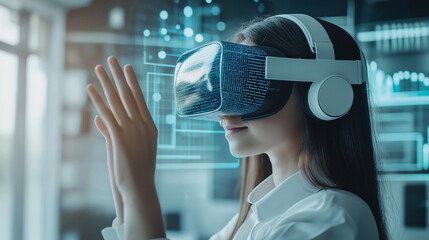 School student with VR headset using AI artificial intelligence technology & machine learning.Interactive technology in classroom. Innovation & smart tech. AI blue hologram in education
