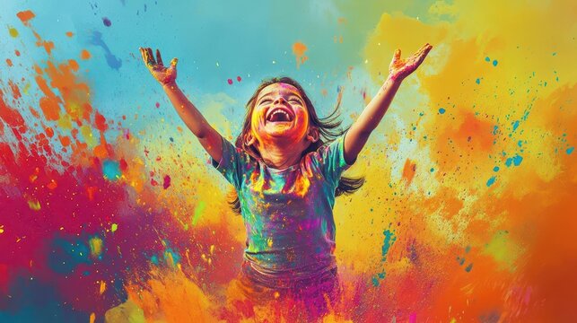 a lively illustration capturing a child joyously splattered with vibrant colors during the holi festival, surrounded by a medley of hues, embodying the spirit of joy and cultural celebration