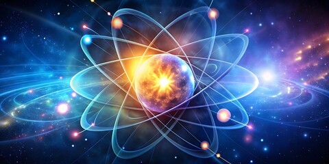 Fototapeta premium glowing red atomic core with orbiting particles on an abstract blue background