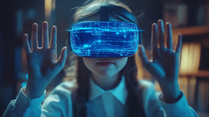 School student with VR headset using AI artificial intelligence technology & machine learning.Interactive technology in classroom. Innovation & smart tech. AI blue hologram in education
