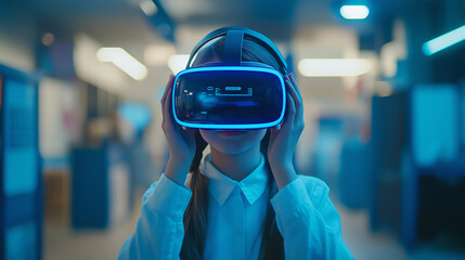 School student with VR headset using AI artificial intelligence technology & machine learning.Interactive technology in classroom. Innovation & smart tech. AI blue hologram in education