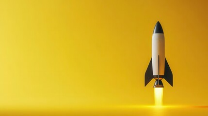 a rocket poised for launch against a bright yellow background, symbolizing ambition and exploration, capturing the excitement of space travel and innovation