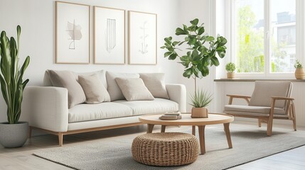 a scandinavian living room radiates minimalism and comfort, featuring stylish furniture and natural light, embodying a tranquil and inviting space