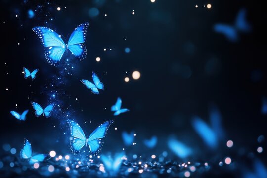 A blue background with a bunch of butterflies flying around
