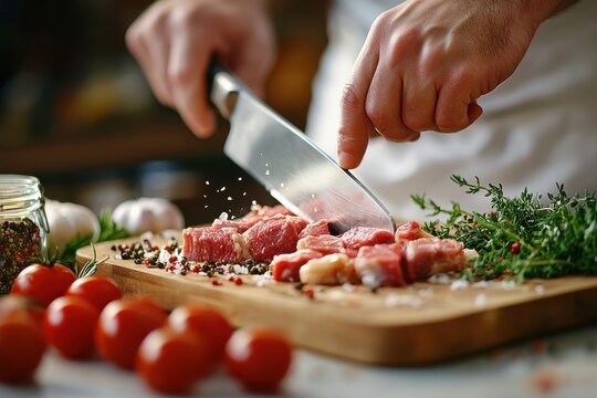 A chef is cutting meat on a wooden cutting board