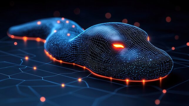 Abstract digital snake with glowing red eyes on a network background.