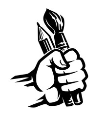 Painting brush and pencil in hand. Art symbol or sign. Black and white vector illustration
