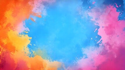 Obraz premium Blue watercolor paint background design with colorful orange pink borders and bright center, watercolor bleed and fringe with vibrant distressed grunge texture.
