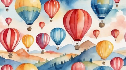 Fototapeta premium Colorful hot air balloons floating over picturesque mountains in a vibrant travel watercolor scene