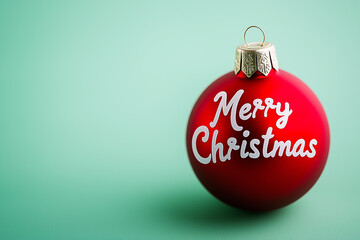 Red Christmas ornament with "Merry Christmas" text on green background, minimalist festive decoration capturing holiday spirit and joy in a clean and simple seasonal design
