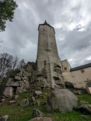 Fototapeta premium Castle Rostejn a medieval Gothic castle near Trest, showcases historic Czech architecture and cultural heritage, nestled in a scenic forest setting,Bohemia Czech republic,Europe near Trest town 