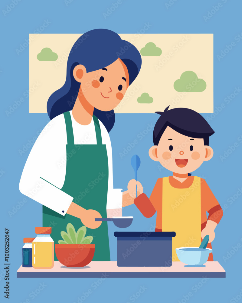 Poster a parent teaching their child how to cook basic meals instilling the value of cooking at home and sa