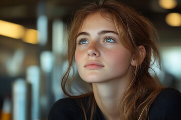Fototapeta premium Portrait of young woman with blue eyes and red hair looking up, thinking about life, emotions and dreams