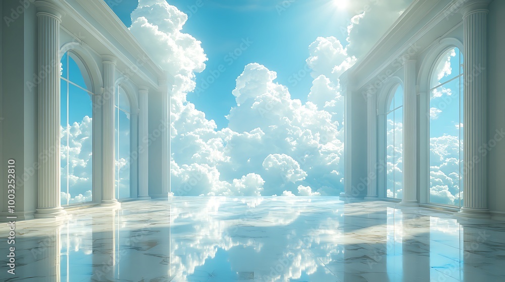Poster white room with clouds and sun through windows. abstract 3d render with surreal clouds inside a whit