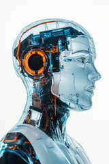 Futuristic humanoid robot with transparent head displaying intricate electronic components, showcasing advanced technology and innovation.