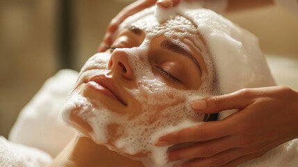 A serene facial treatment featuring a soothing foam mask being gently applied to a relaxed woman, emphasizing skincare, relaxation, and rejuvenation therapy.
