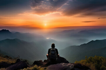 Hiker silhouette on the mountain top.