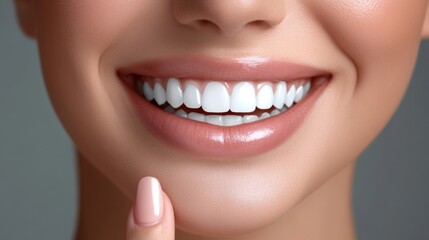Obraz premium A close-up image focusing on a woman's radiant smile, showcasing perfectly aligned, bright white teeth, symbolizing health, happiness, and confidence.