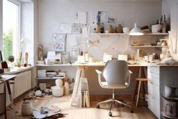 Messy workroom interior illuminated by sunlight.