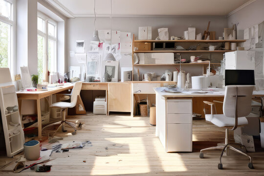 Messy workroom interior illuminated by sunlight.