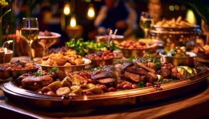 Catering buffet with a diverse array of gourmet dishes. Generated image
