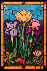 Stunning array of irises and other flowers in a stained glass window
