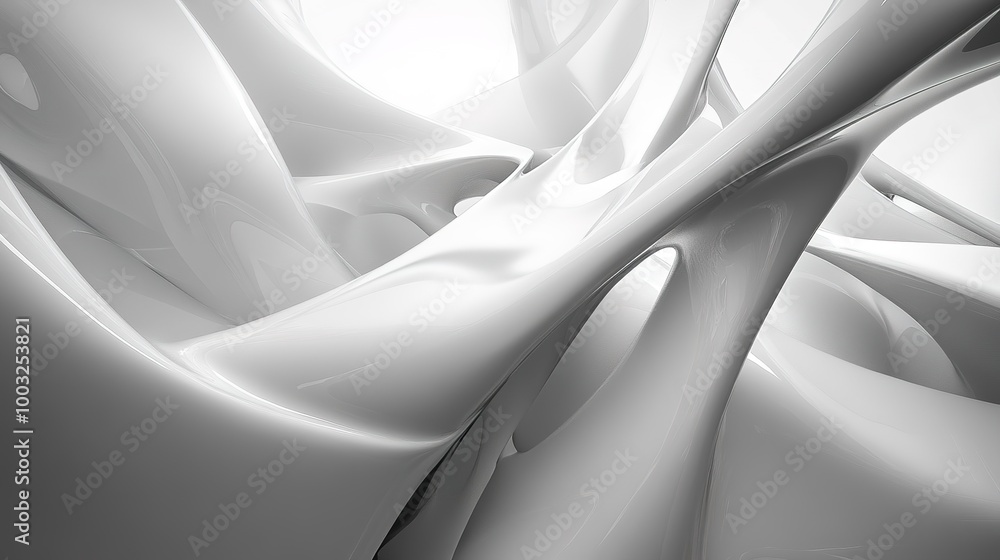 Poster a 3d abstract art piece with a combination of sharp angles and smooth curves, rendered in a monochro