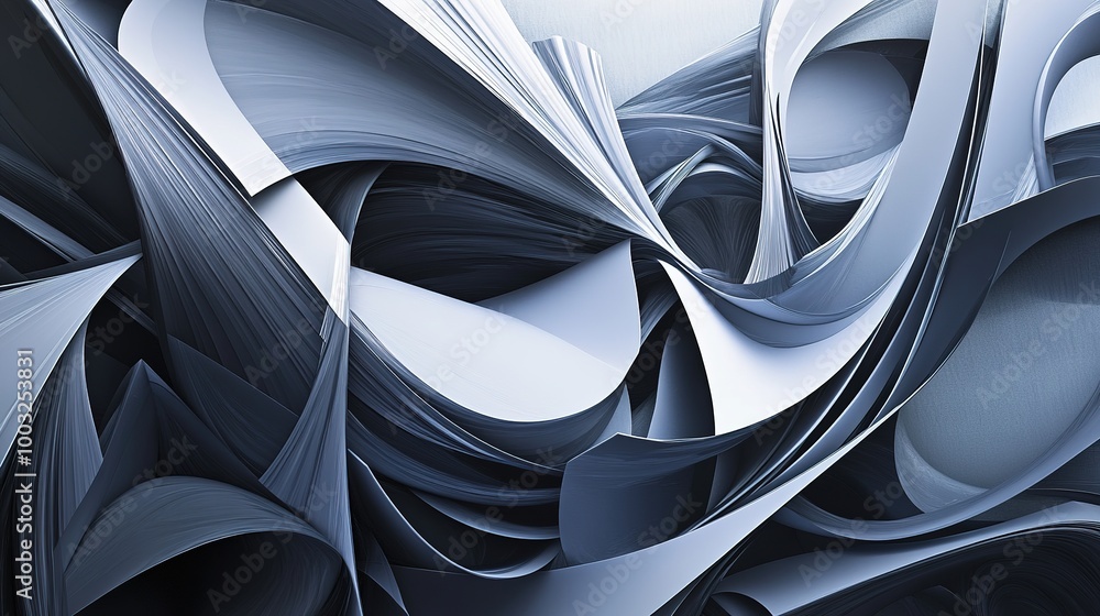 Poster a 3d abstract art piece with a combination of sharp angles and smooth curves, rendered in a monochro
