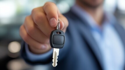 A person in a suit holds out a car key with a blurred background, symbolizing new beginnings, ownership, and opportunities in car sales or services.