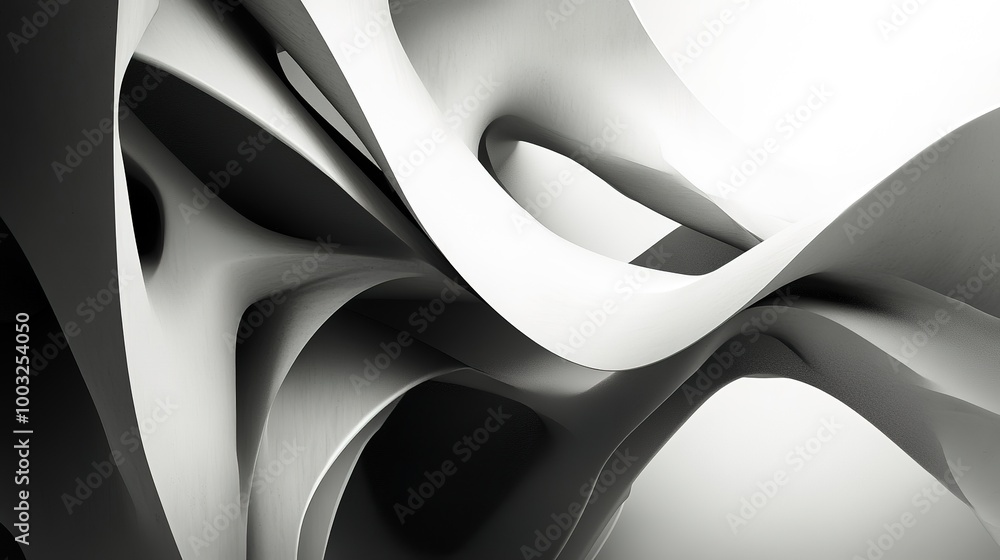 Poster a 3d abstract art piece with a combination of sharp angles and smooth curves, rendered in a monochro