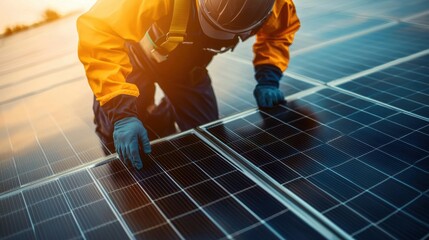 Solar panel installation worker maintaining renewable energy system at sunset