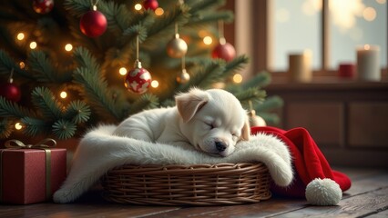 Fototapeta premium A small dog, a puppy lies in a cozy basket under the Christmas tree, next to a red Santa hat. Festive New Year's atmosphere.