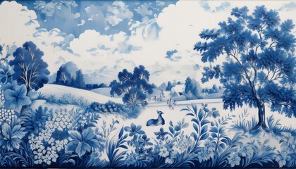 elegant blue and white toile pattern intricate pastoral scenes delicate brushwork classic french view. Generated image