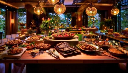 Catering buffet with a diverse array of gourmet dishes. Generated image