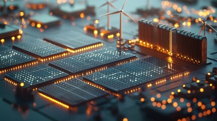 Obraz premium Futuristic Circuit Board with Renewable Energy Turbines and Solar Panels