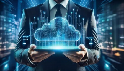 Businessman using tablet to transfer data on cloud computing, seamless data transfer and strong internet security. Generated image