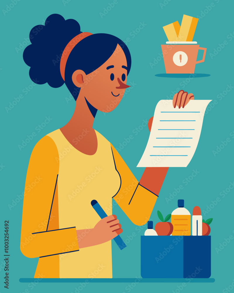 Poster a person reviewing their shopping list and reconsidering purchasing certain luxury items instead cho