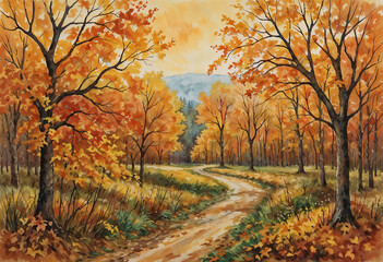 Naklejka premium Autumn forest landscape with vibrant orange foliage and winding pathway in watercolor style
