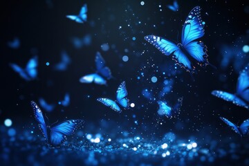 A blue background with a bunch of butterflies flying around