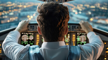 A man in a cockpit of an airplane looking out the window, AI
