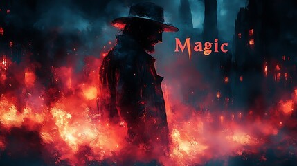 Fototapeta premium Silhouette of a man in a cowboy hat standing in front of flames with the word 'Magic' in the foreground