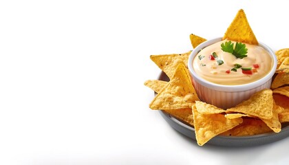 Chile con queso is an appetizer or side dish of melted cheese and chili peppers, typically served in Tex Mex restaurants as a dip for tortilla chips. Isolated on white background with copy space