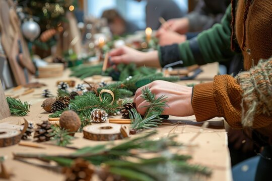 A group of people are decorating a Christmas tree with pine cones and berries, generative ai image